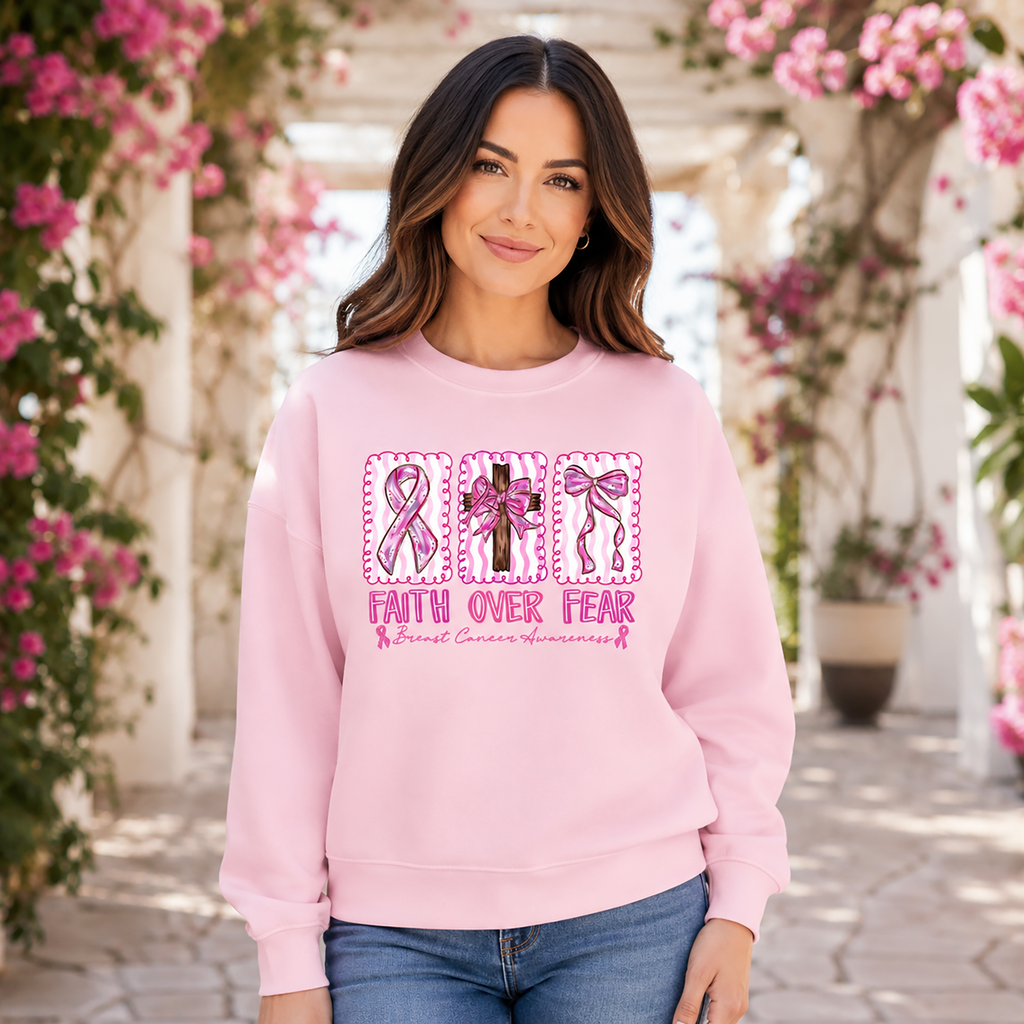 Faith Over Fear Breast Cancer Christian Sweatshirt, Pink Ribbon Awareness Sweater