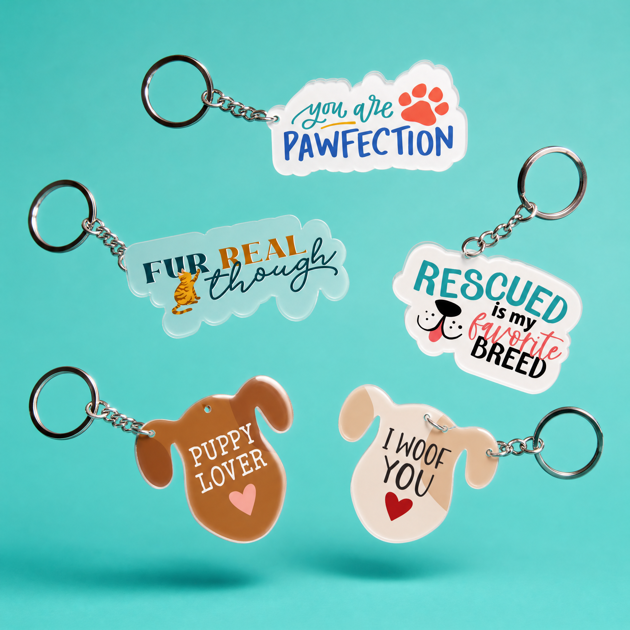 Dog & Cat Acrylic Keychains | 5 Style Options | Rescue Favorite Breed, I Woof You & Puppy Lover