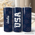 Vintage USA Block Letters 20oz Personalized Tumbler With Lid and Stainless Steel Straw, Patriotic Fireworks for Independence Day Gift Cup