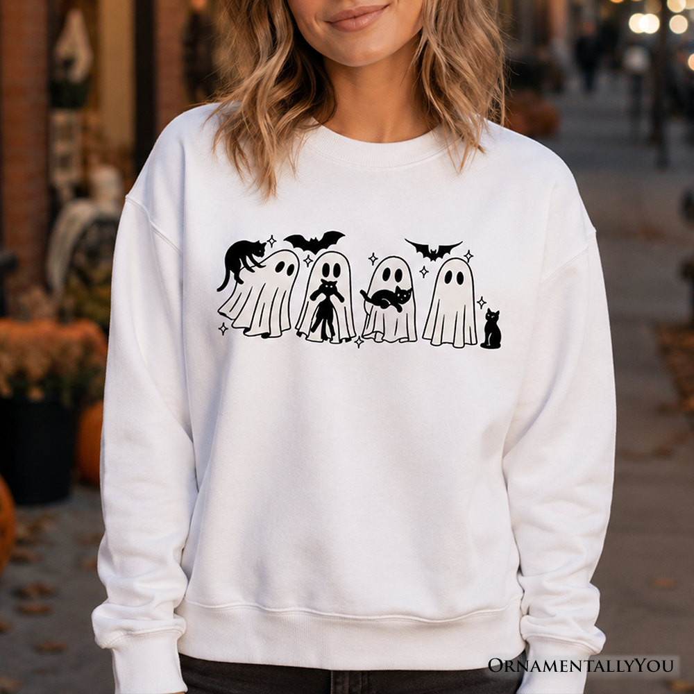 Ghosts and Cats Spooky Sweatshirt, Whimsical Halloween Sweater for Cozy Autumn Season