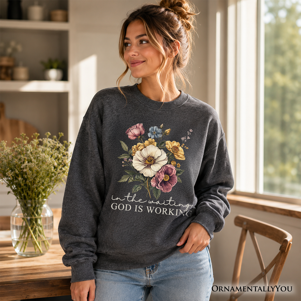 In the Waiting God Is Working Floral Christian Sweatshirt, Vintage Wildflower Faith Sweater