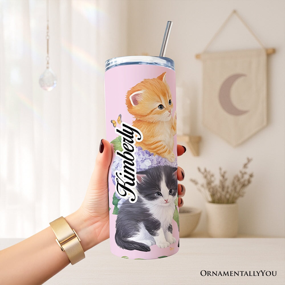 Cute Kittens Wildflower 20oz Personalized Tumbler With Lid and Stainless Steel Straw, Cottagecore Botanical Cat Gift Cup