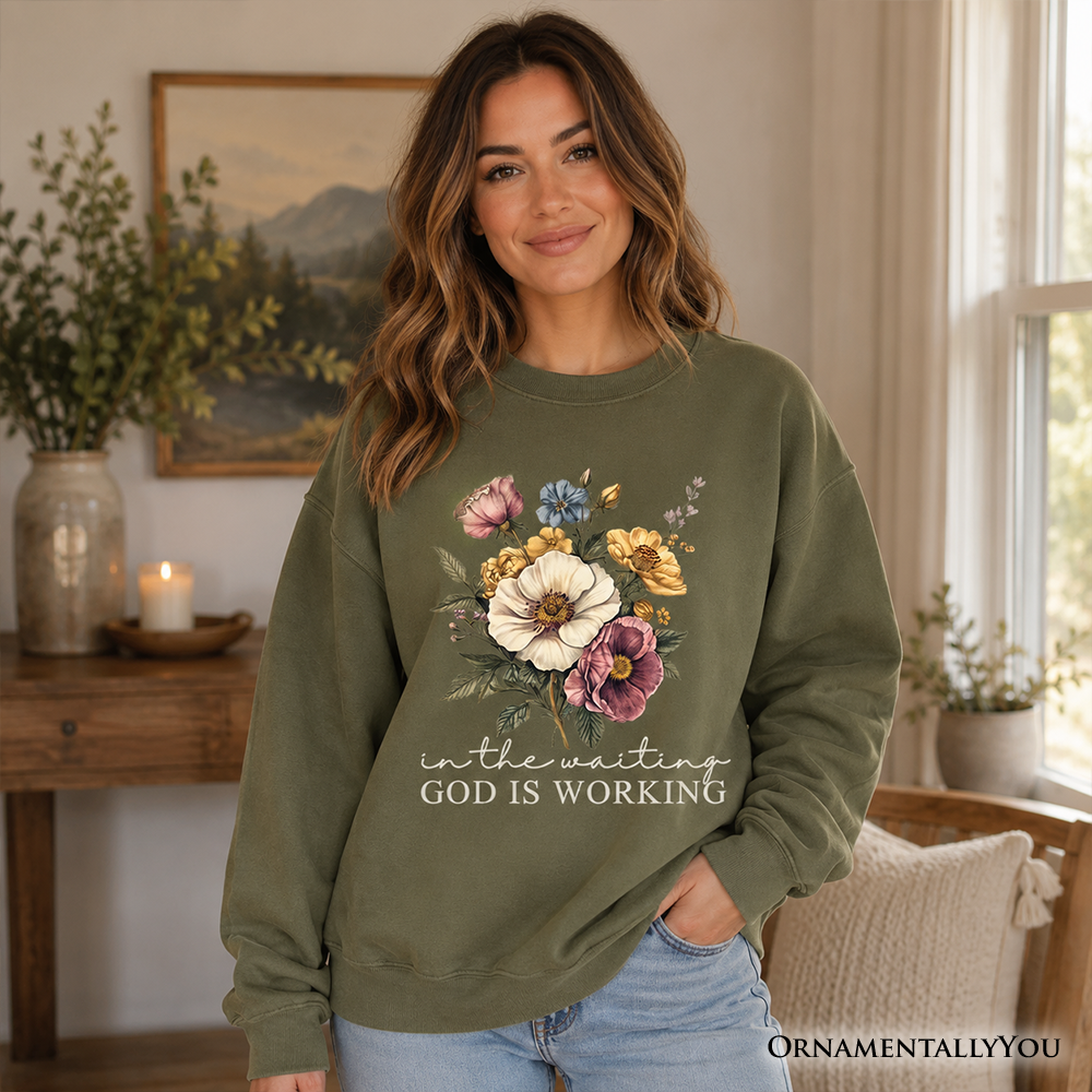 In the Waiting God Is Working Floral Christian Sweatshirt, Vintage Wildflower Faith Sweater