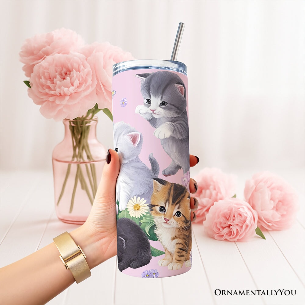 Cute Kittens Wildflower 20oz Personalized Tumbler With Lid and Stainless Steel Straw, Cottagecore Botanical Cat Gift Cup