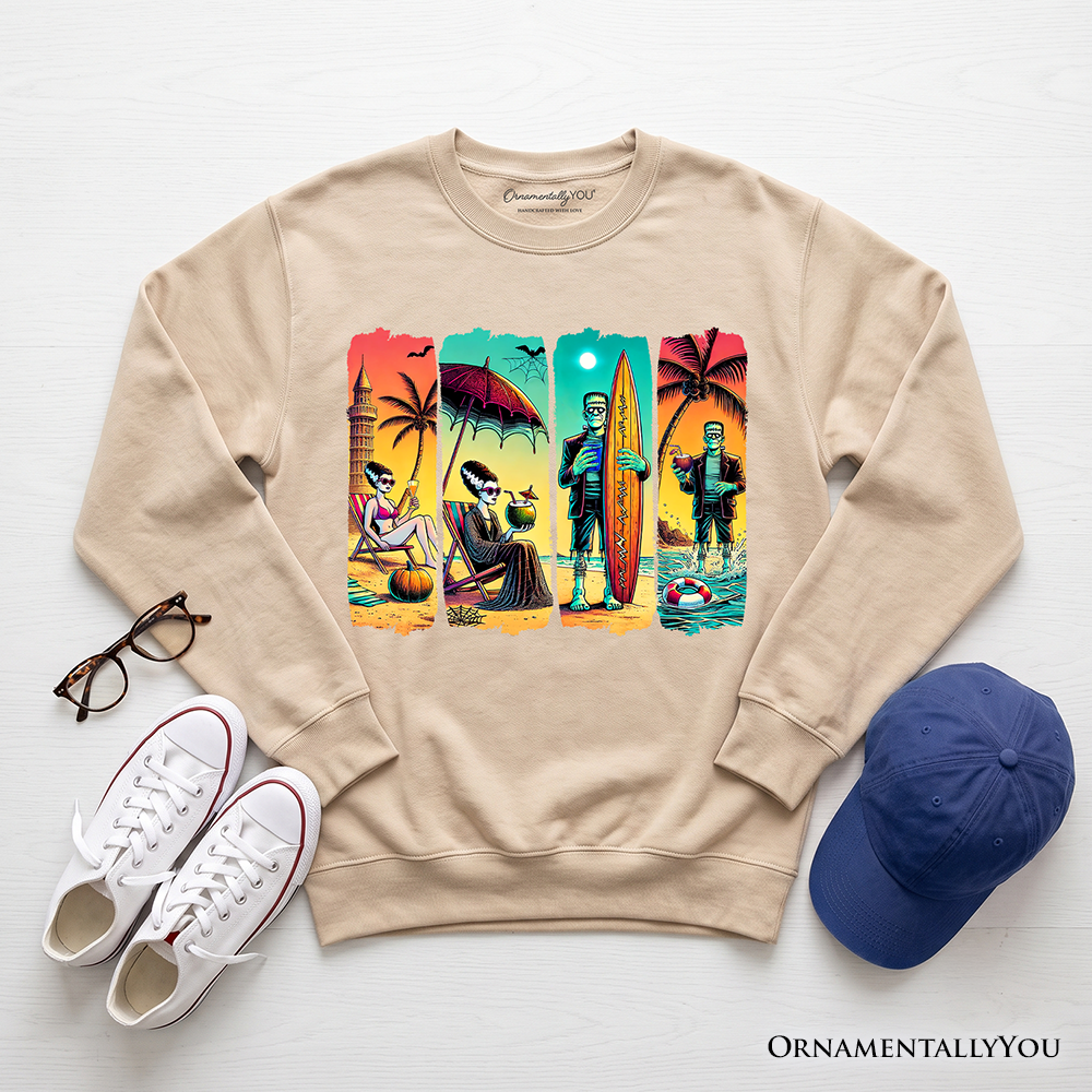 Frankenstein's Beach Vacation Sweatshirt, Retro Neon Surf Style Sweater for Horror Fans with Summer Vibes