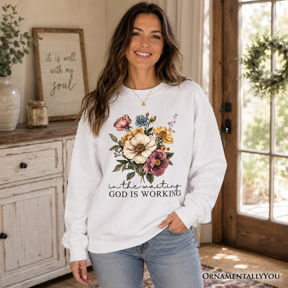 In the Waiting God Is Working Floral Christian Sweatshirt, Vintage Wildflower Faith Sweater