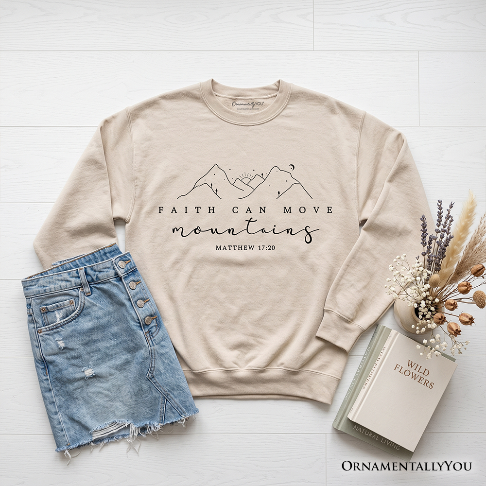Faith Can Move Mountains Matthew 17:20 Christian Sweatshirt, Minimalist Mountain Religious Sweater