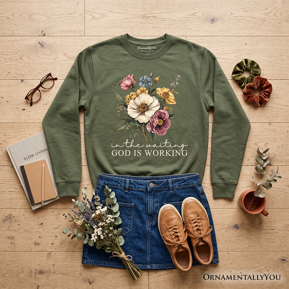 In the Waiting God Is Working Floral Christian Sweatshirt, Vintage Wildflower Faith Sweater