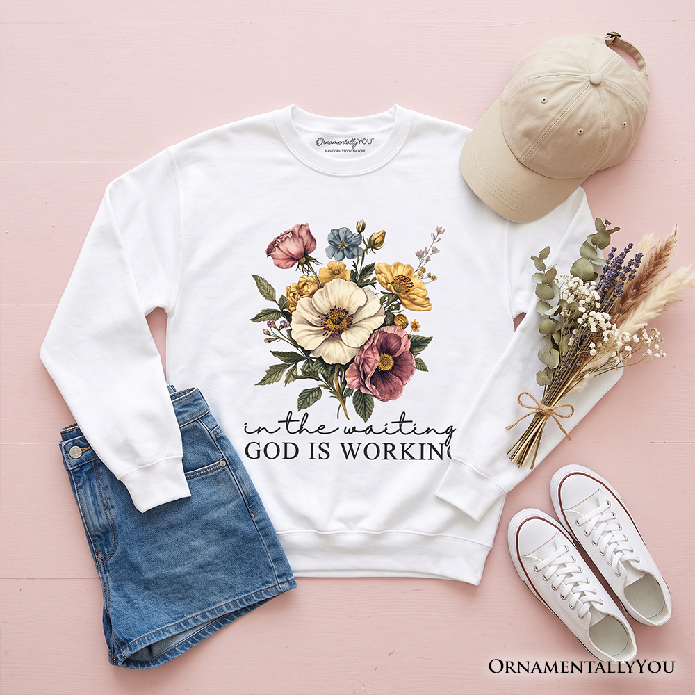 In the Waiting God Is Working Floral Christian Sweatshirt, Vintage Wildflower Faith Sweater