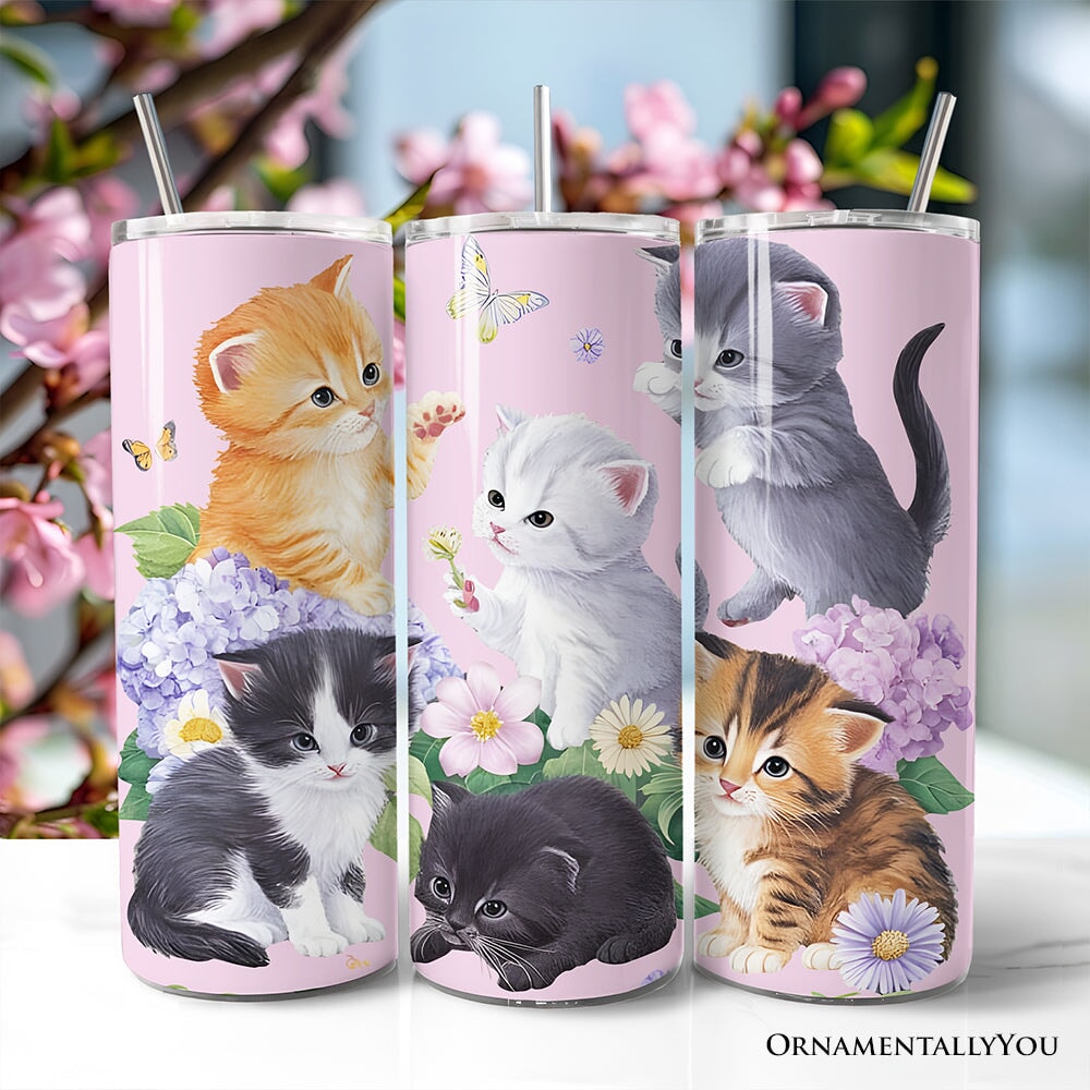 Cute Kittens Wildflower 20oz Personalized Tumbler With Lid and Stainless Steel Straw, Cottagecore Botanical Cat Gift Cup
