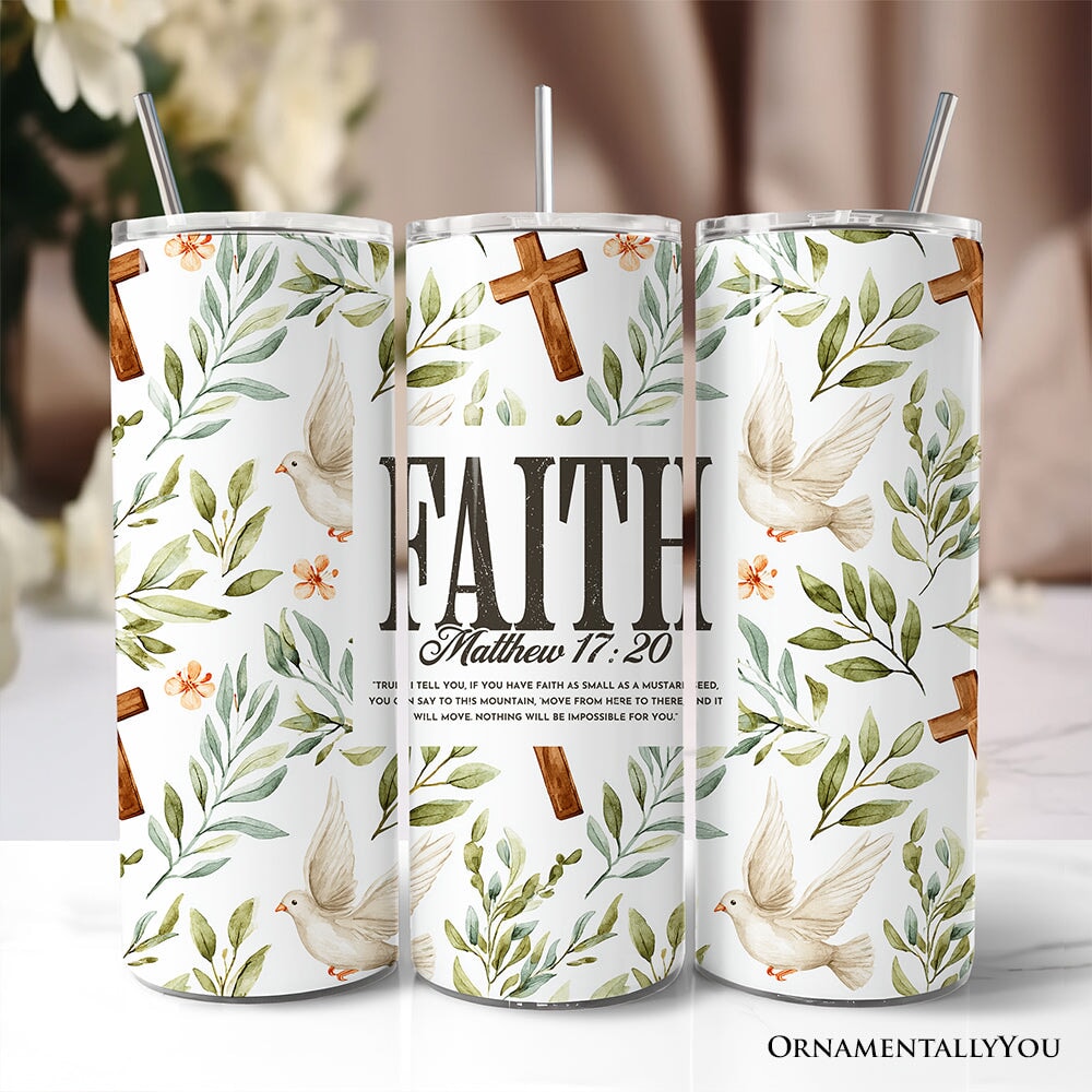 Faith Matthew 17:20 Christian 20oz Personalized Tumbler With Lid and Stainless Steel Straw, Bible Verse Inspirational Gift Cup