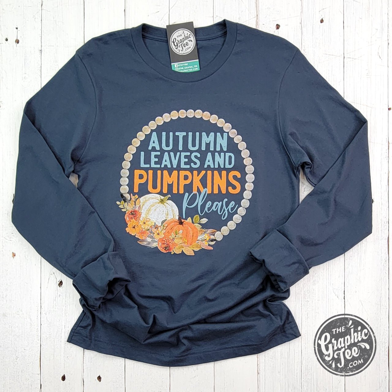 Autumn Leaves and Pumpkins Please Vintage Navy Long Sleeve Tee