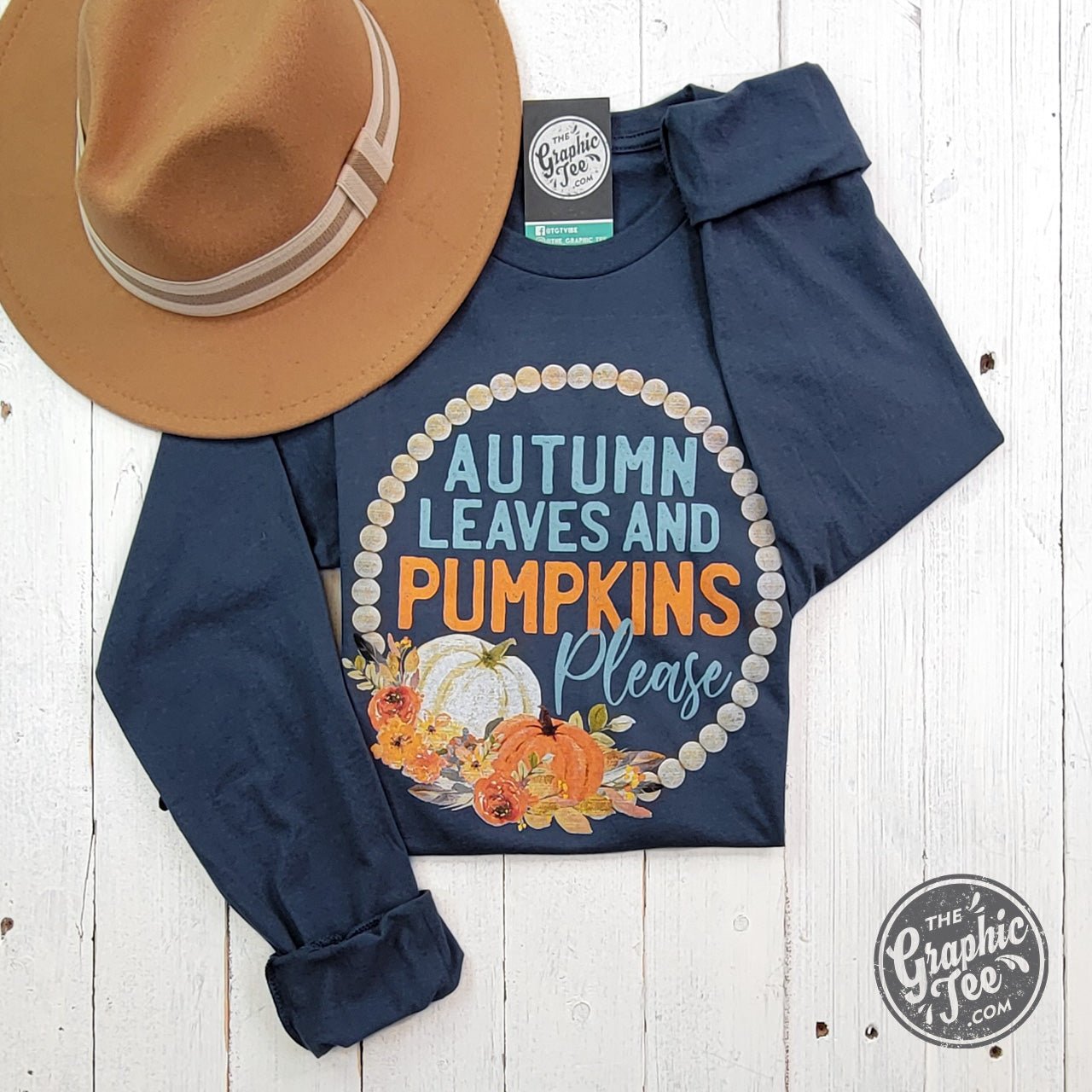 Autumn Leaves and Pumpkins Please Vintage Navy Long Sleeve Tee