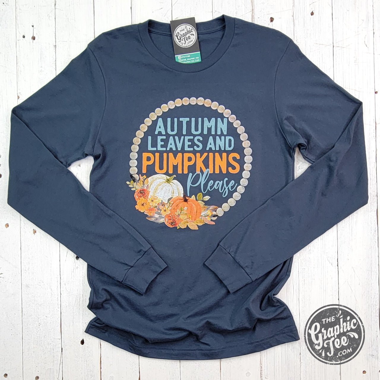 Autumn Leaves and Pumpkins Please Vintage Navy Long Sleeve Tee