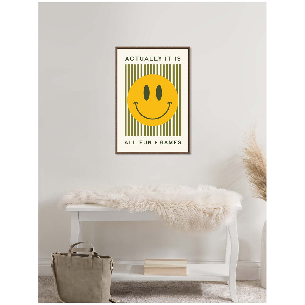 It is All Fun and Games Striped Poster, Dopamine Decor, Smiley Face Retro Print by Lucky Guava Framed Canvas Wall Art Print